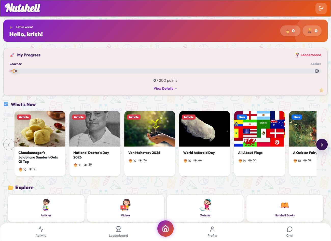 The Nutshell Online dashboard showing daily news cards, progress and leaderboards